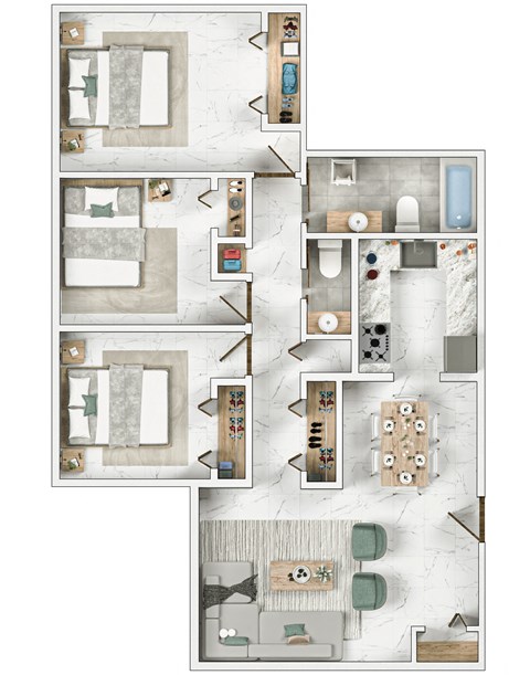 Floor plan for 3 beds, 1.5 baths, 975 sqft